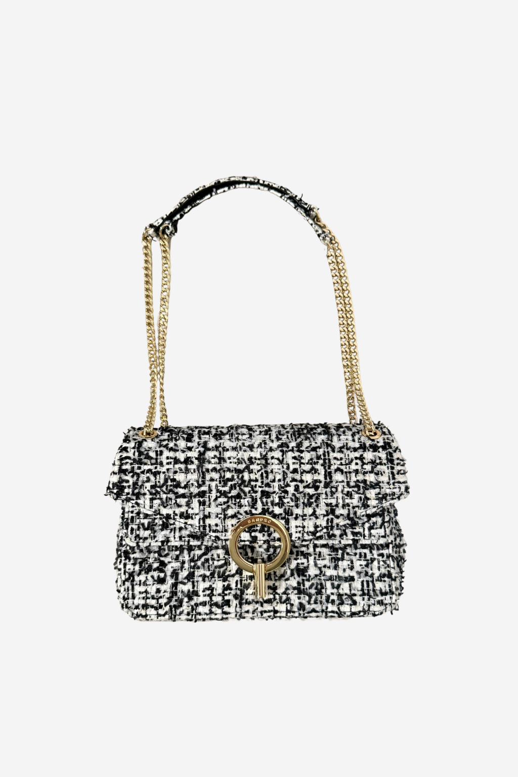 SANDRO - Sac YZA état neuf en tweed noir et écru détails strass