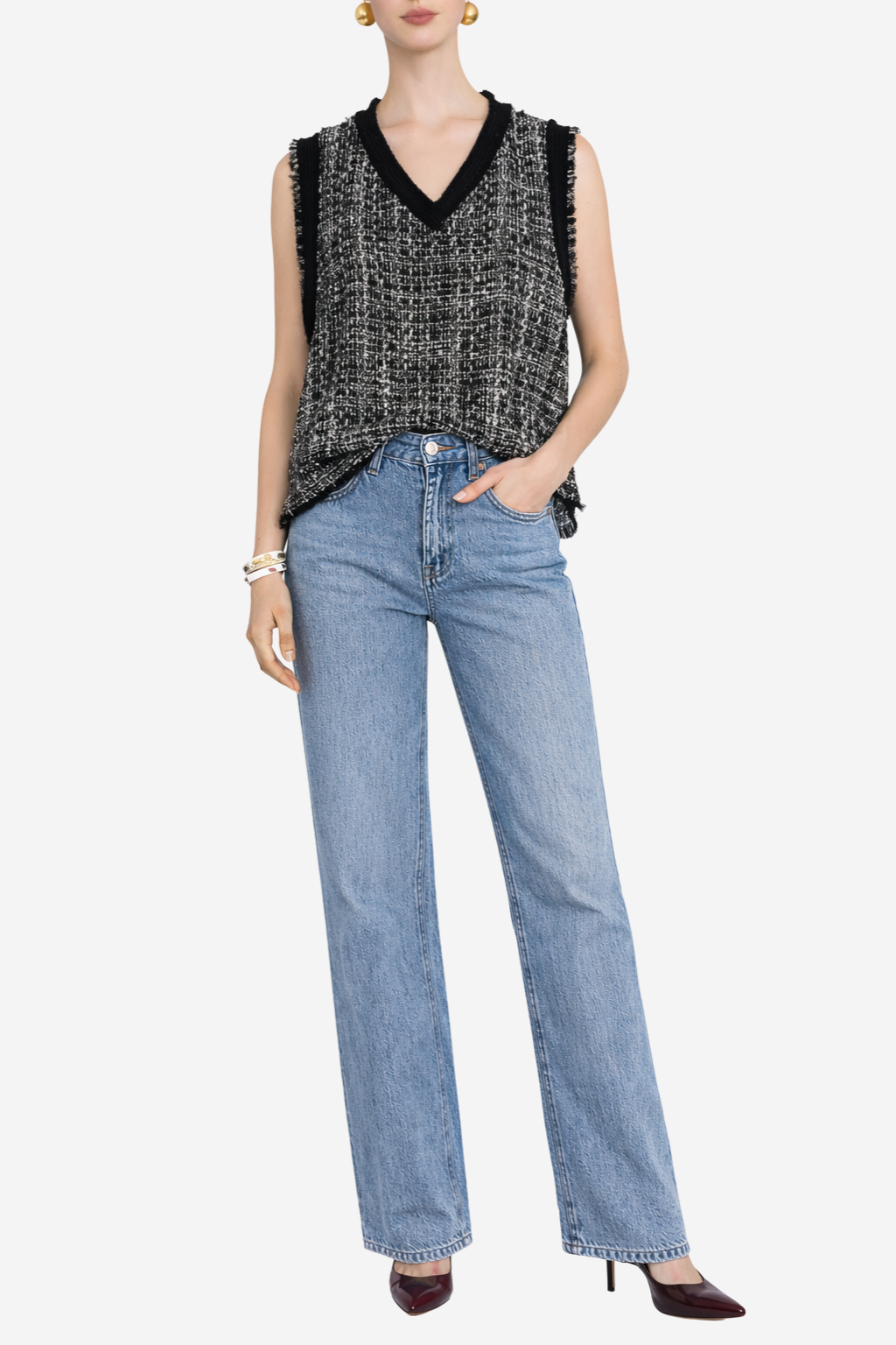 MAJE - Pull maille sans manches en tweed T1