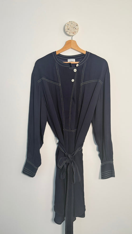 CLAUDIE PIERLOT - Robe fluide ceinturée à surpiqûres contrastées T38